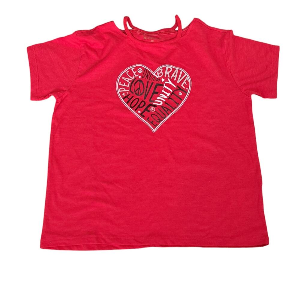 Girls  BCBG  Red White Black Glitter Short Sleeve Peace  Heart Top Size M NWT